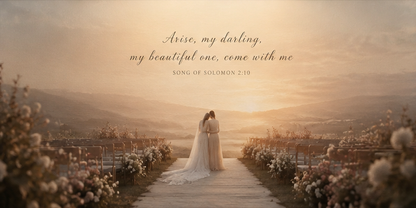 Sister of the Bride canvas flat art, Song of Solomon 2:10, warm sunset wedding aisle panoramic print