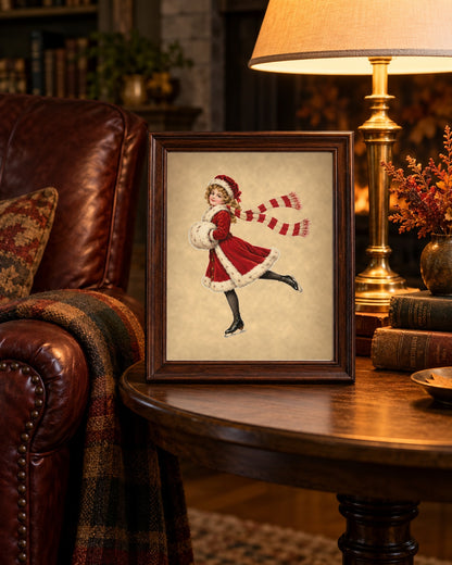 Vintage Christmas ice skater print framed beside an oxblood leather armchair