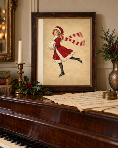 Vintage Christmas ice skater print framed on an antique piano top