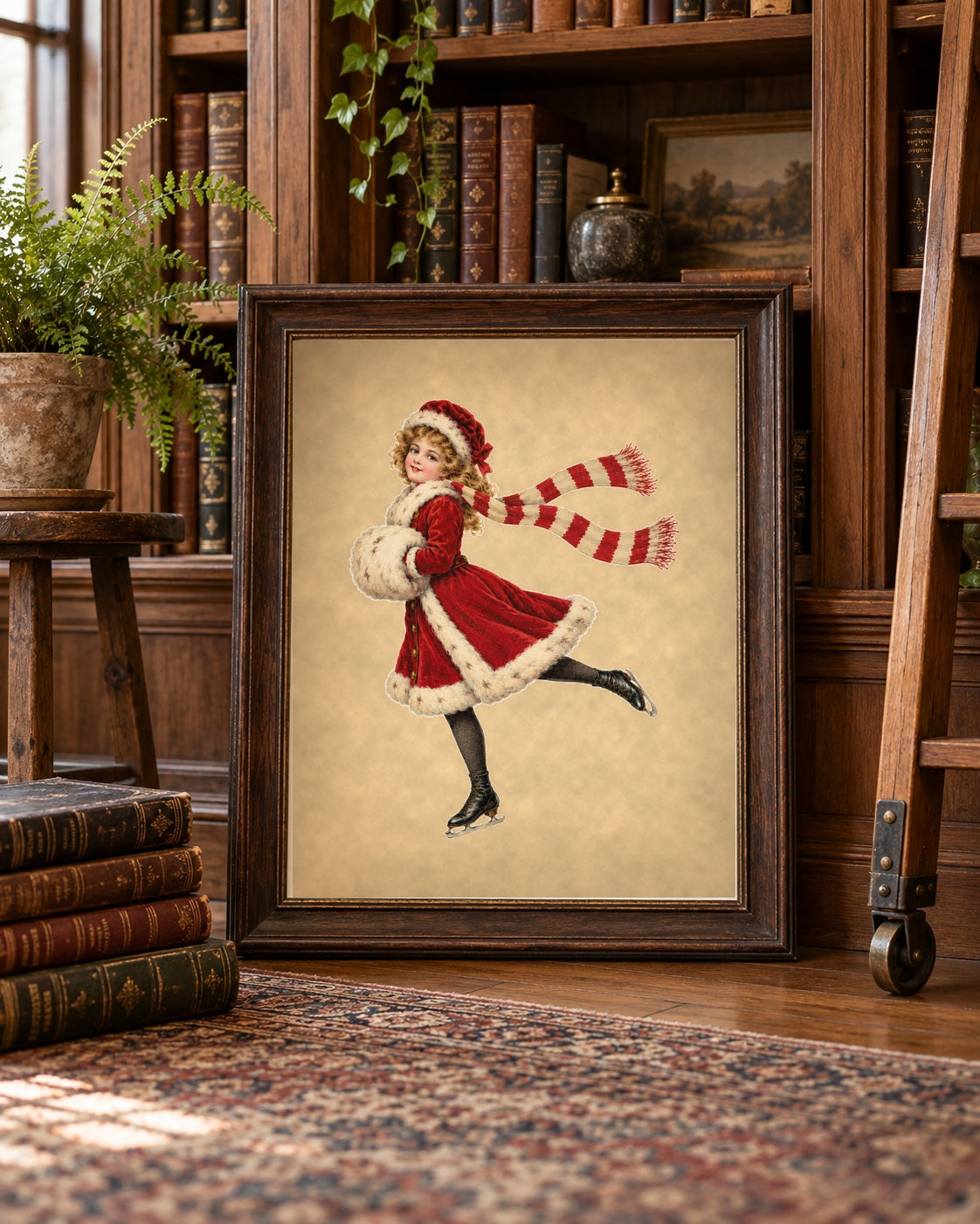 Vintage Christmas ice skater print framed in a wooden library corner