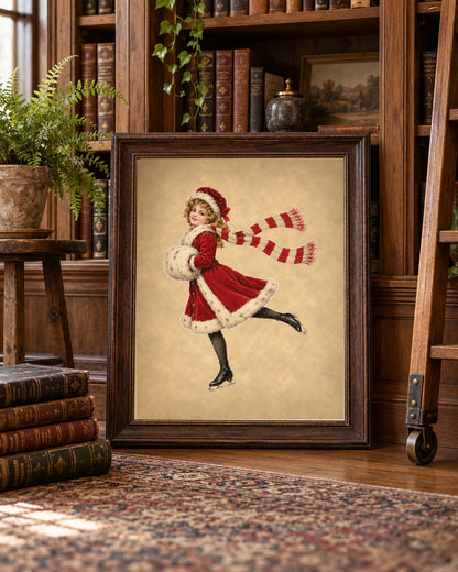 Vintage Christmas ice skater print framed in a wooden library corner