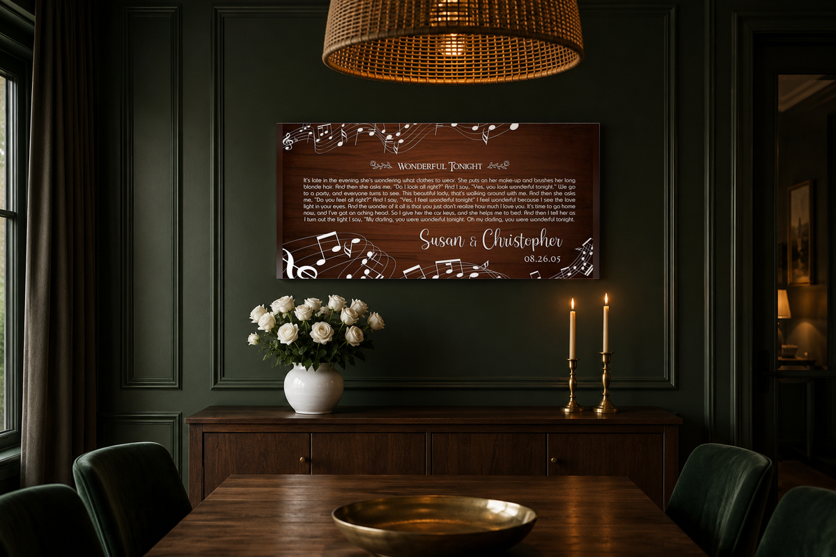 Personalized couple names and date lyric canvas above a walnut sideboard in a forest green dining room