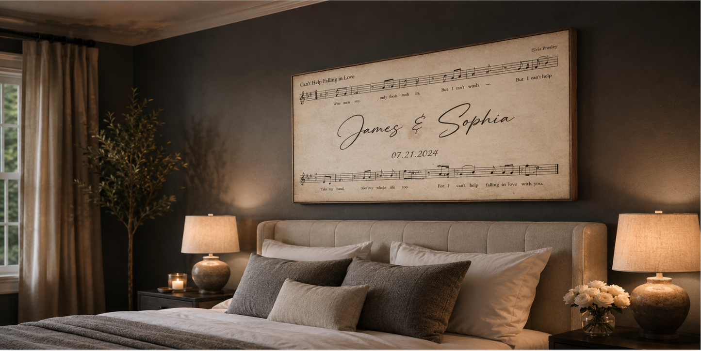 Custom sheet music song lyrics canvas over an upholstered headboard, angled view — first dance song personalized with the couple's names and anniversary date on vintage aged parchment, ready-to-hang wedding and anniversary wall art gift