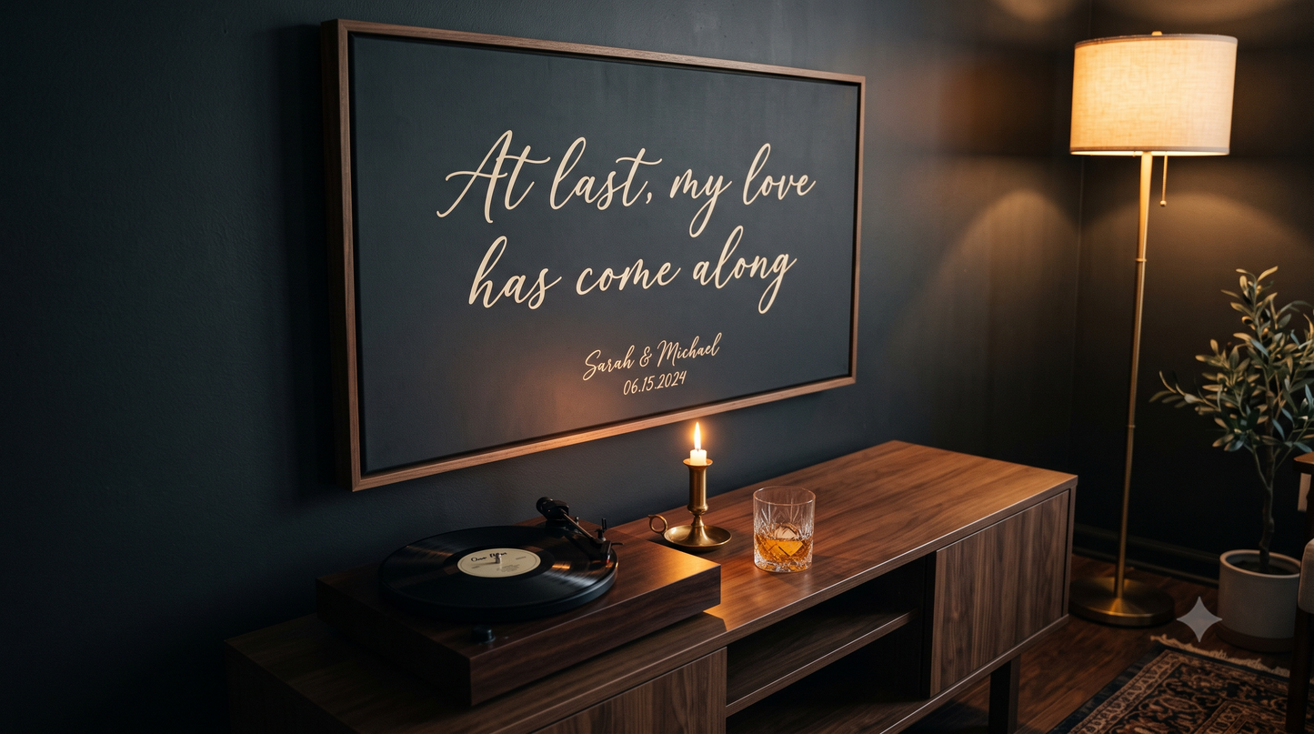 Song Lyric Canvas — dark charcoal, low 3/4 living room angle with turntable console (draft preview)
