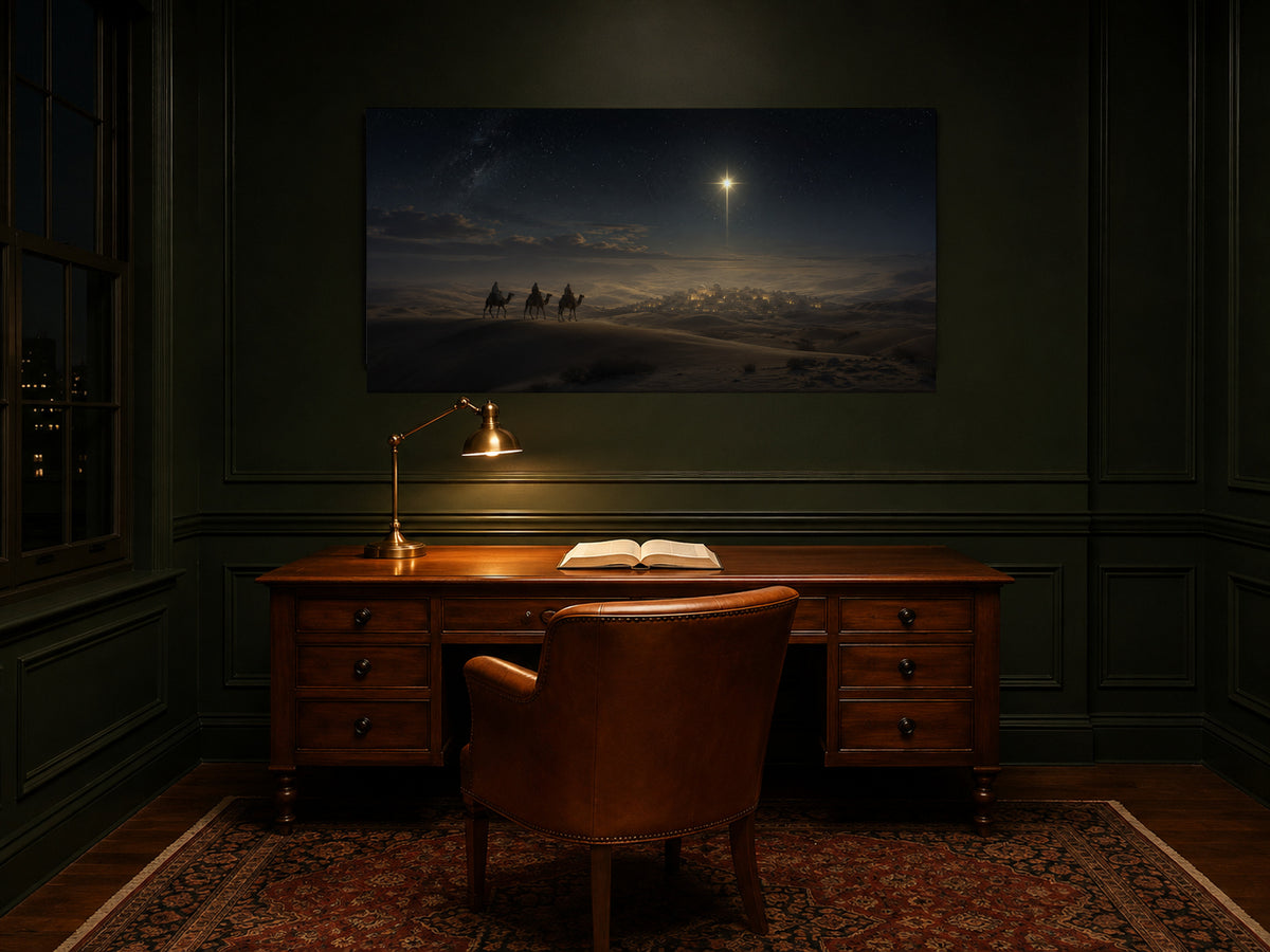 Star of Bethlehem canvas above a walnut desk in a deep forest-green study with brass lamp and open Bible