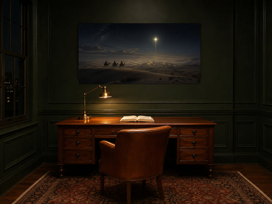 Star of Bethlehem canvas above a walnut desk in a deep forest-green study with brass lamp and open Bible