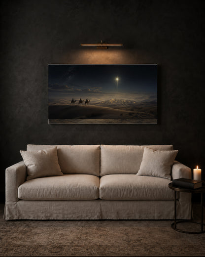 Star of Bethlehem canvas over a cream linen sofa in a charcoal living room with brass picture light