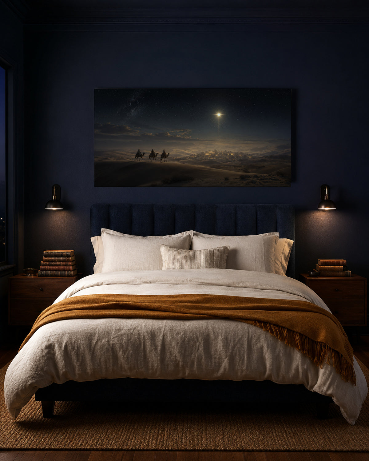 Star of Bethlehem canvas above a bed in a dark navy bedroom with amber throw
