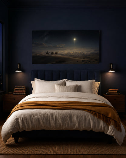 Star of Bethlehem canvas above a bed in a dark navy bedroom with amber throw