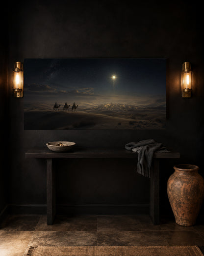Star of Bethlehem canvas in a black entryway with brass sconces and console table