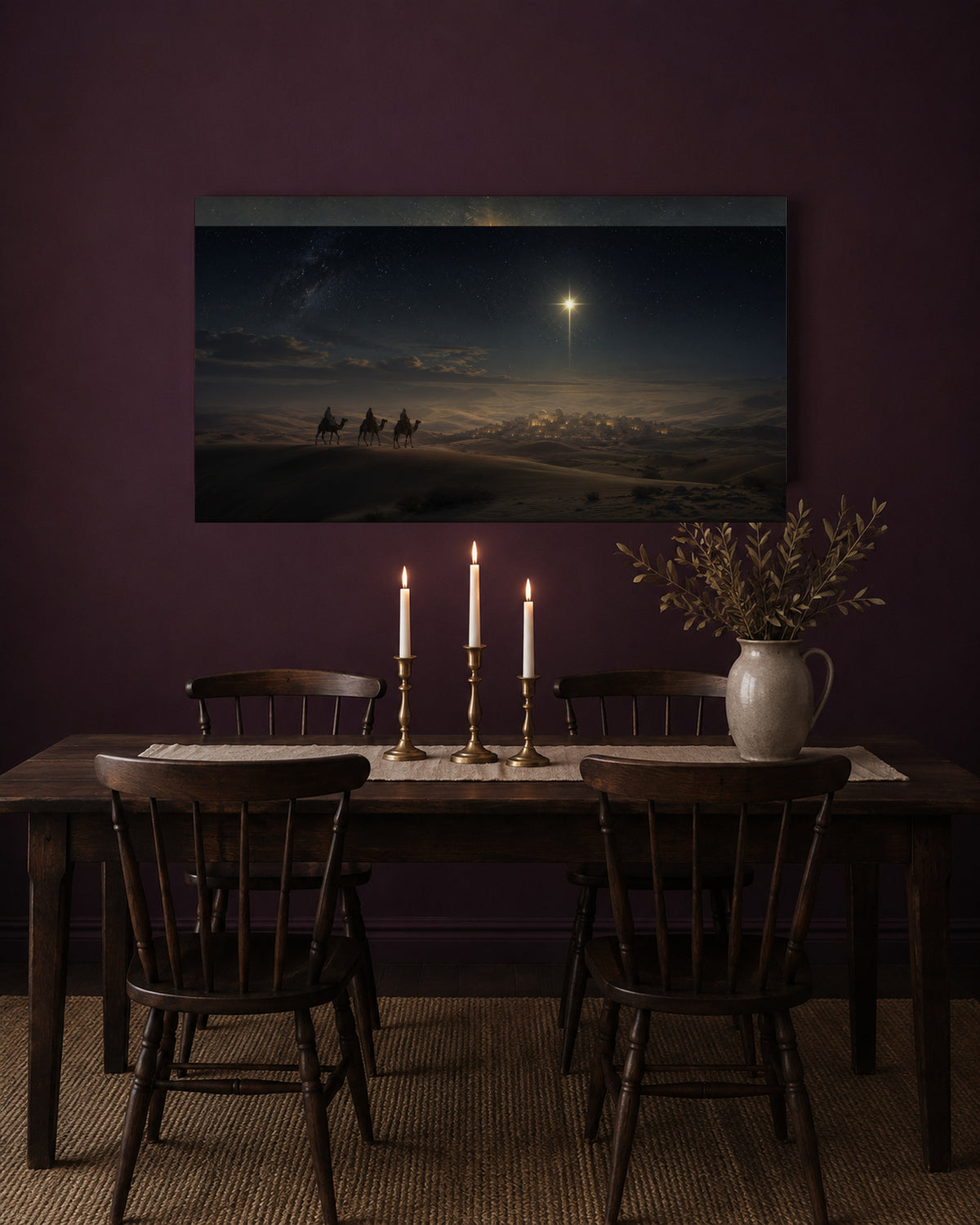 Star of Bethlehem canvas in a dark plum dining room with brass taper candles