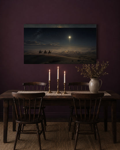 Star of Bethlehem canvas in a dark plum dining room with brass taper candles