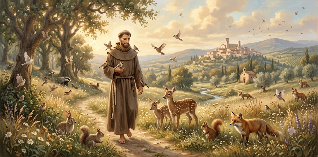 Saint Francis of Assisi with birds and animals painting