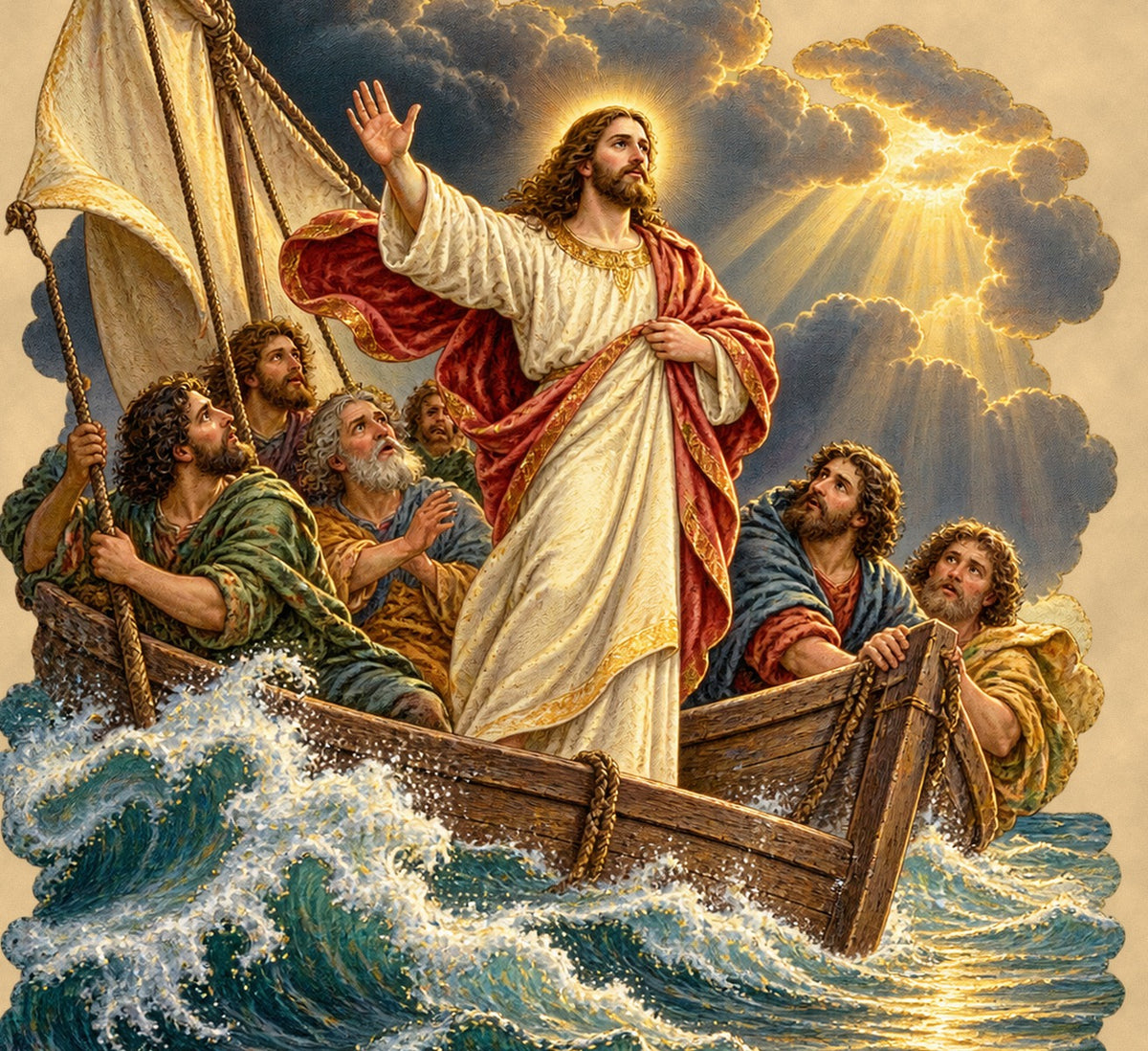 Close-up detail of the Jesus calms the storm artwork