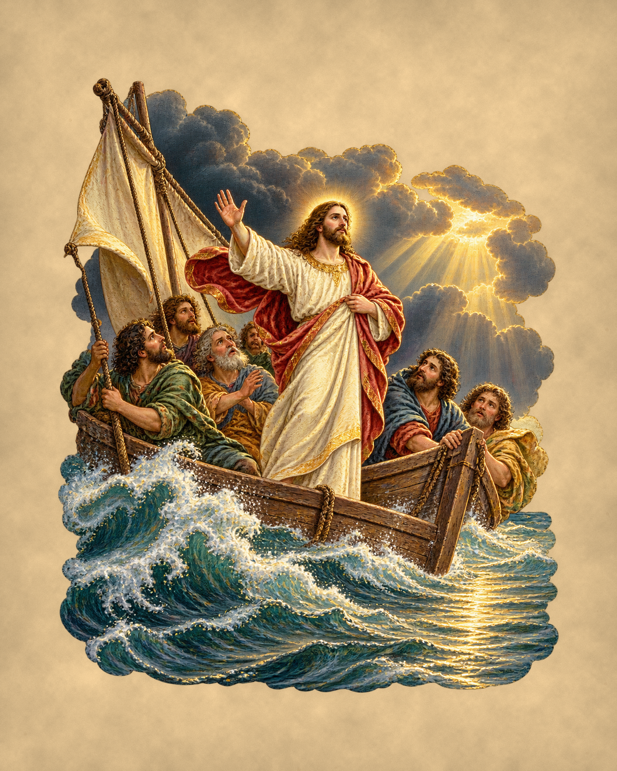 Jesus calming the storm, vintage Bible story 8x10 print