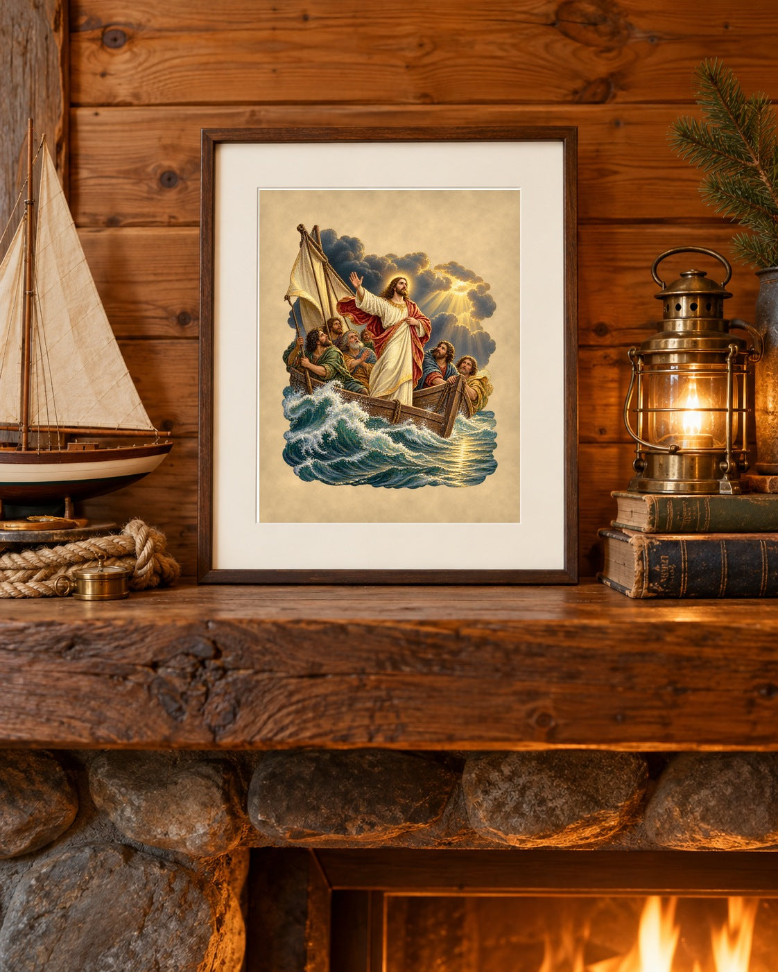 Jesus calms the storm print framed on a lake-cabin mantel