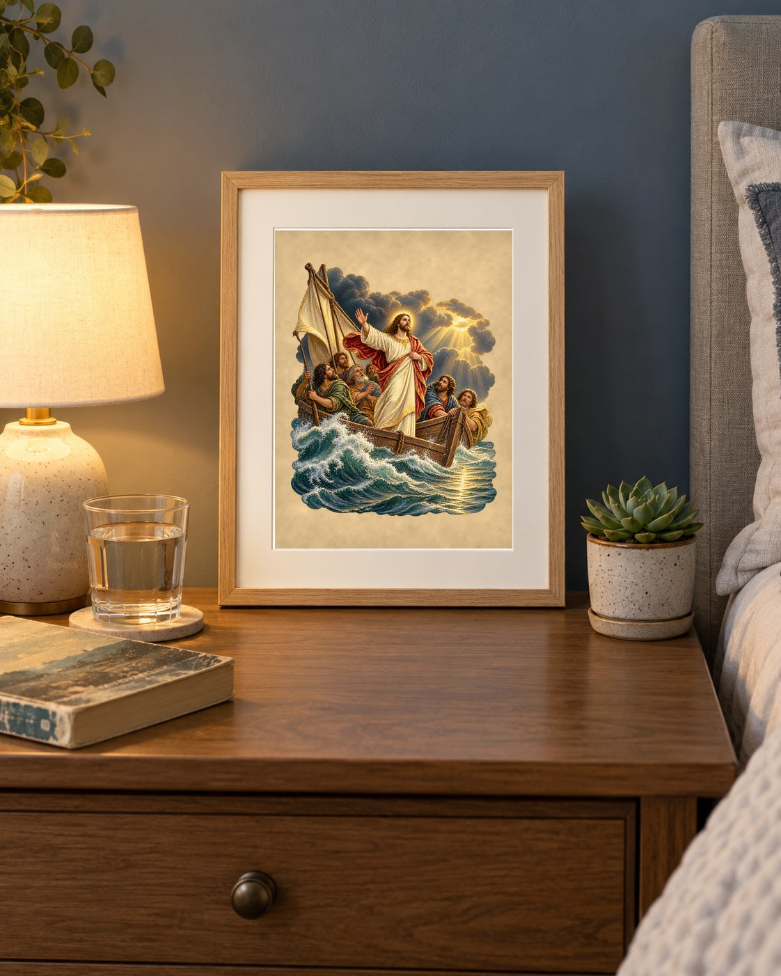 Jesus calms the storm print framed on a bedroom nightstand