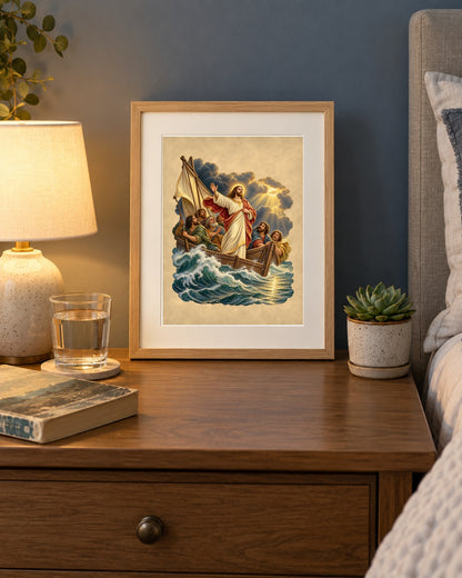 Jesus calms the storm print framed on a bedroom nightstand