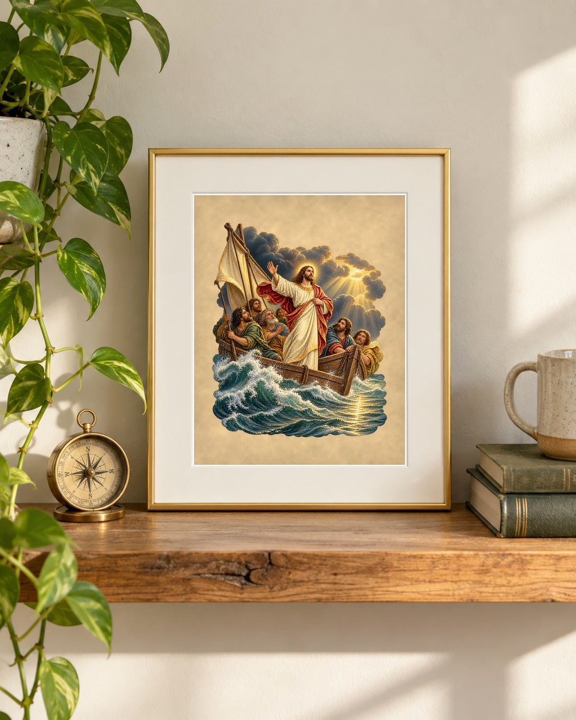 Jesus calms the storm print framed on a home-office shelf