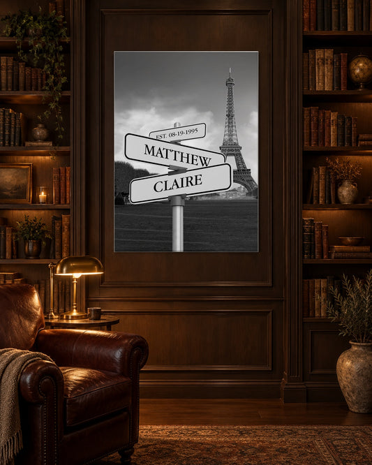Personalized street sign couple canvas with names and date, staged in a dark walnut home library