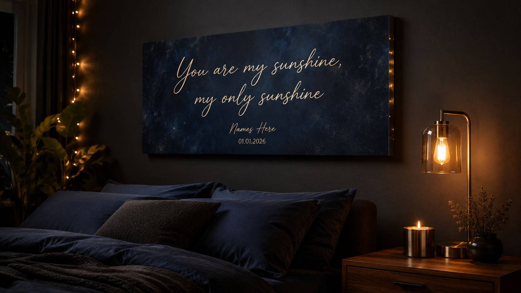 Song Lyric Canvas — dark room angle staged mockup (draft preview)