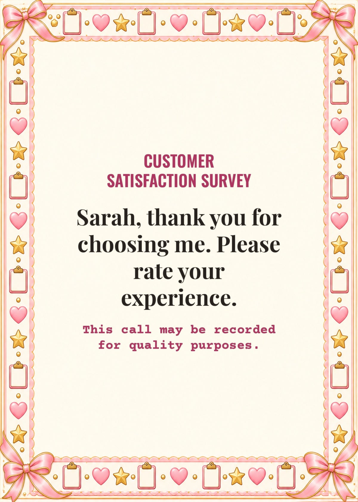 Card cover: Sarah, thank you for choosing me. Please rate your experience.