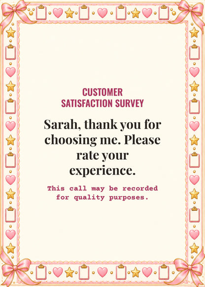 Card cover: Sarah, thank you for choosing me. Please rate your experience.