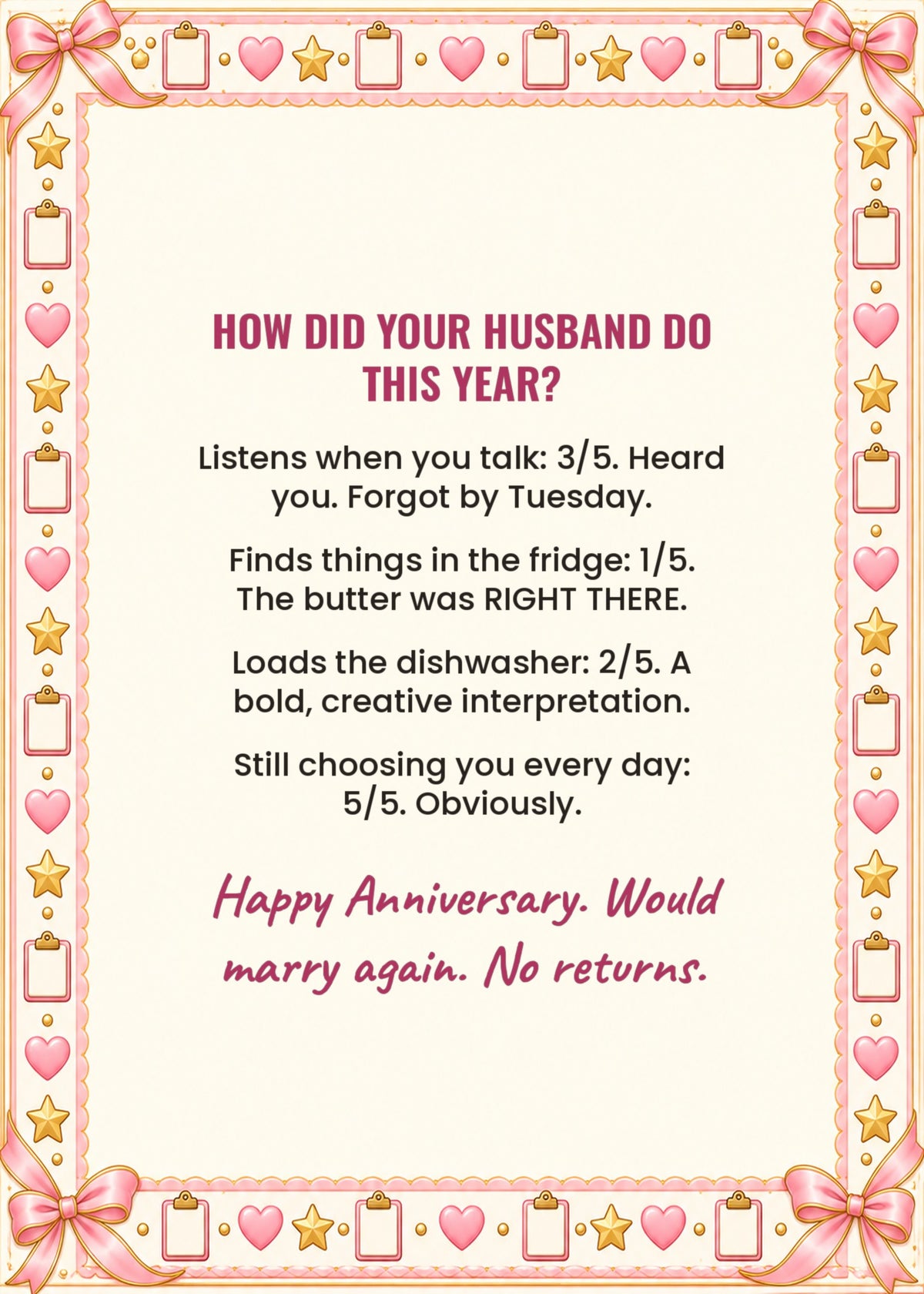 Card inside: how did your husband do this year with four funny ratings