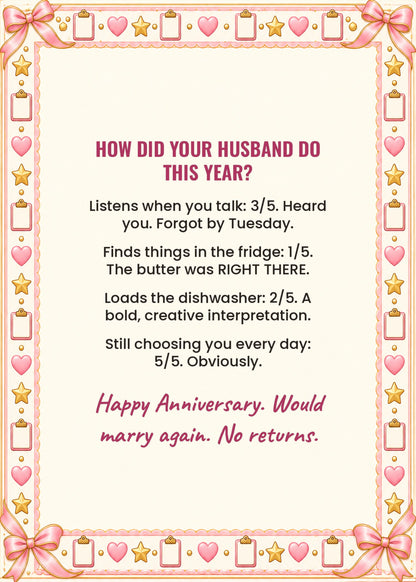 Card inside: how did your husband do this year with four funny ratings