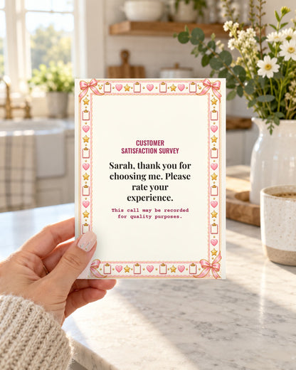 Hand holding the funny Customer Satisfaction Survey anniversary card for wife in a bright kitchen