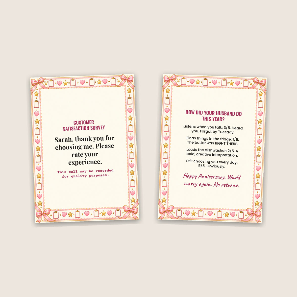 Cover and inside of the Customer Satisfaction Survey funny anniversary card side by side