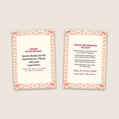 Cover and inside of the Customer Satisfaction Survey funny anniversary card side by side