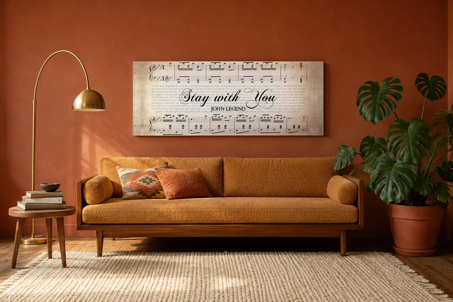Stay with You by John Legend song lyrics canvas hanging above an ochre mid-century sofa in a warm terracotta living room