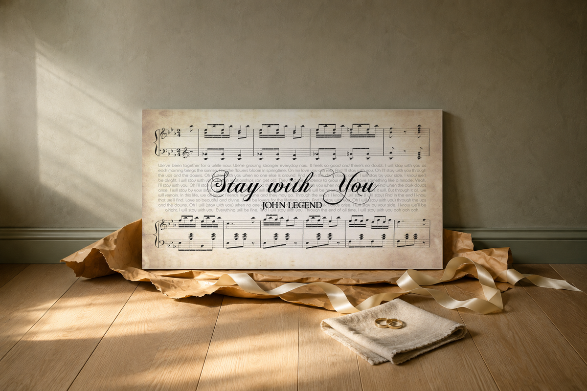 Stay with You song lyrics canvas as a wedding gift, leaning on an oak floor with torn kraft paper, ribbon and gold wedding rings
