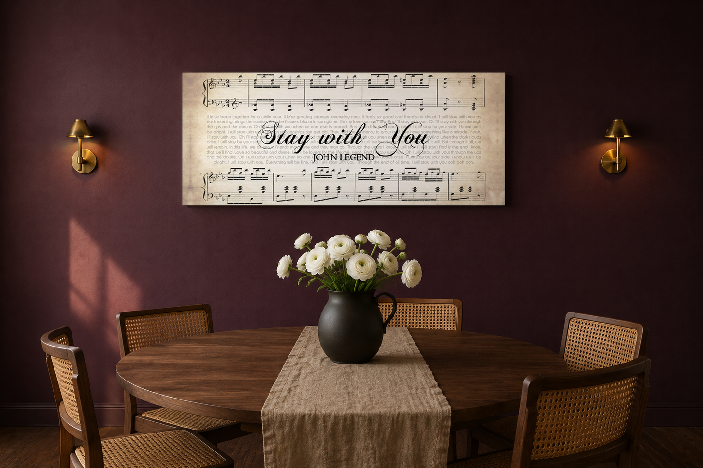 Stay with You song lyrics canvas on a plum dining room wall above a walnut table with brass sconces