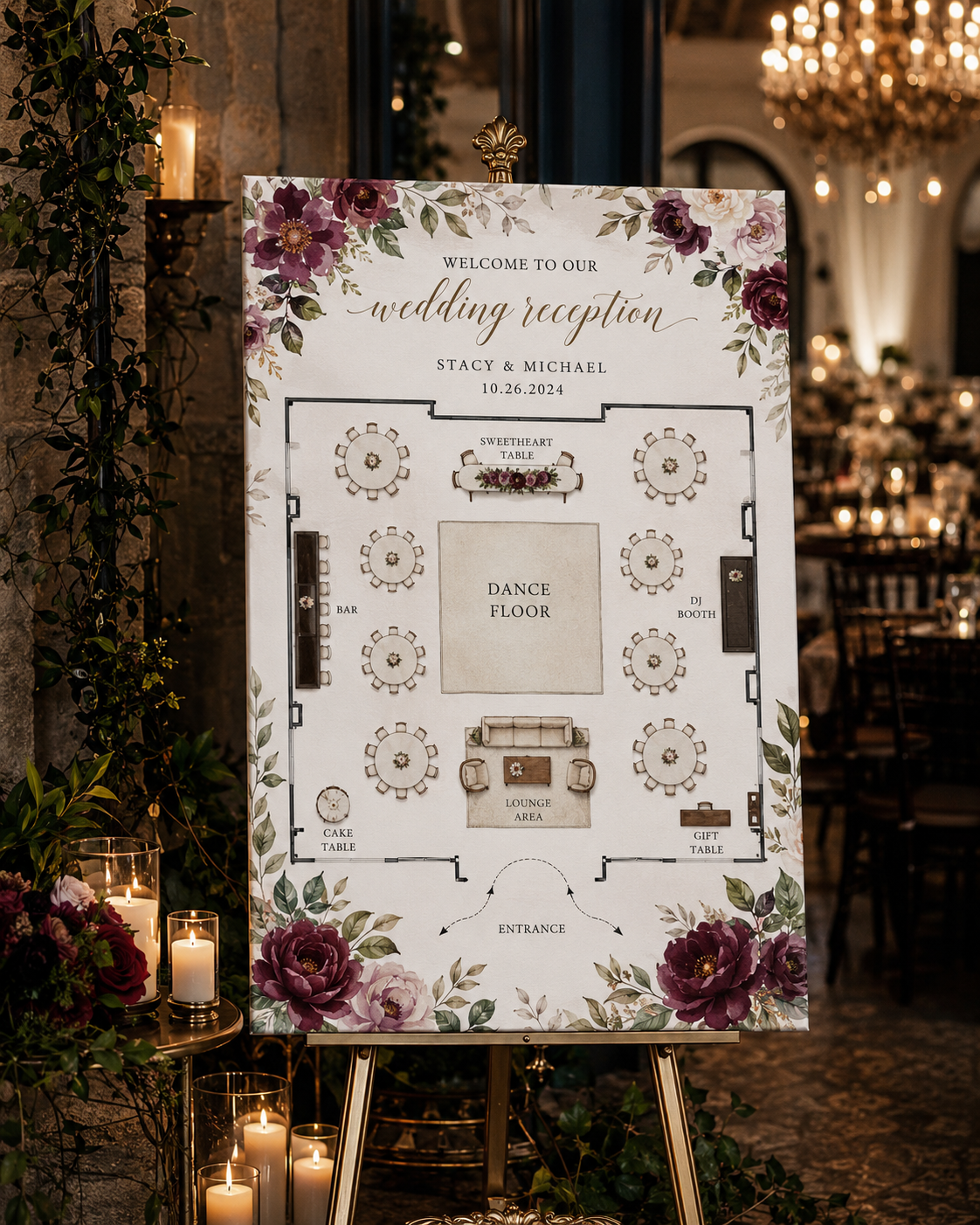 Wedding reception floor plan sign