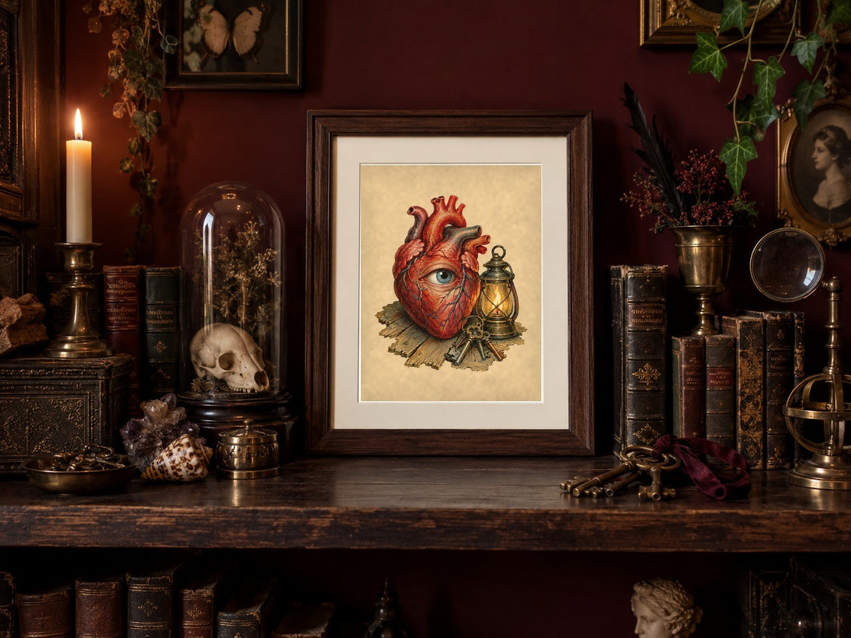 Tell-Tale Heart print framed on a Victorian curiosity shelf with candle and keys