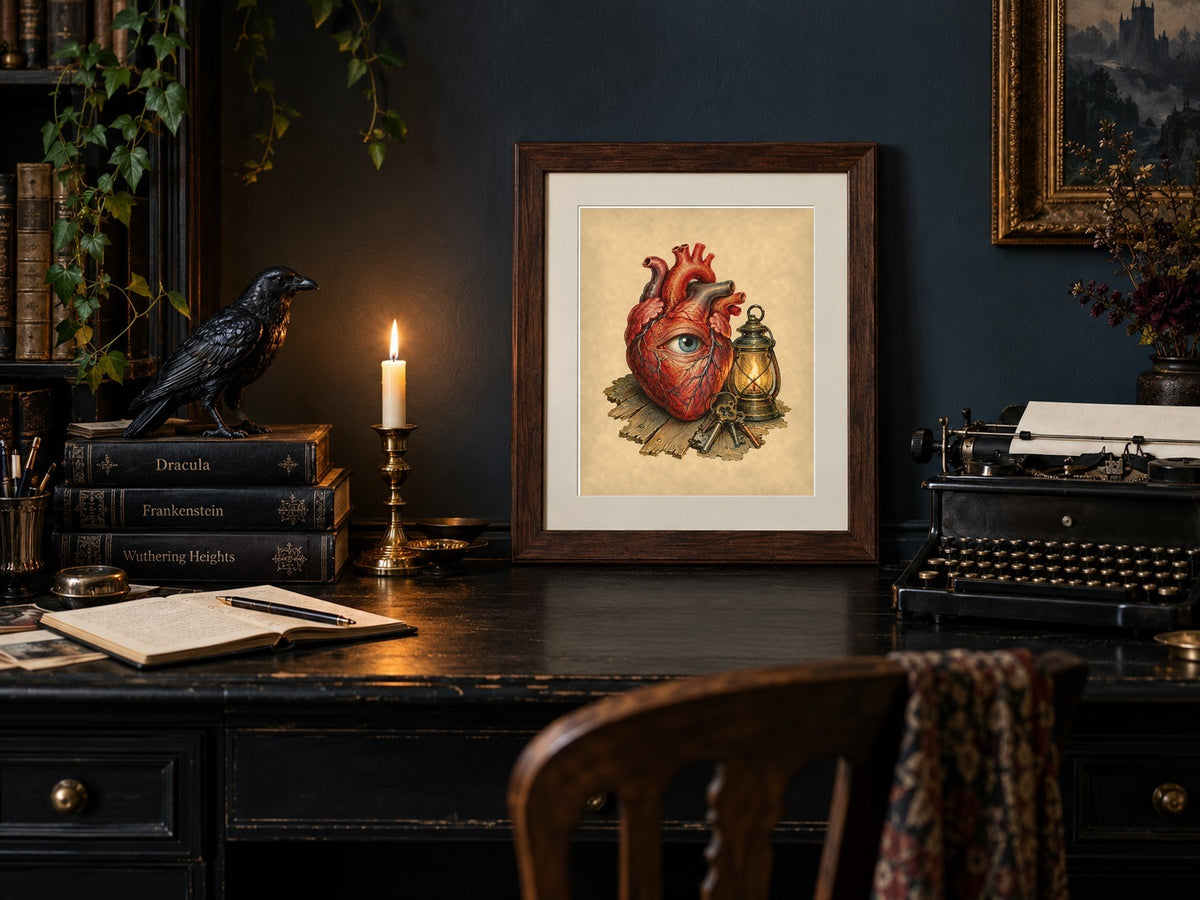 Tell-Tale Heart print framed on a dark academia desk with typewriter and raven