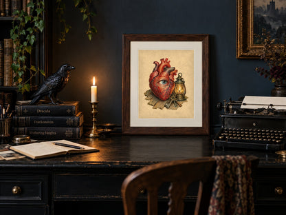 Tell-Tale Heart print framed on a dark academia desk with typewriter and raven