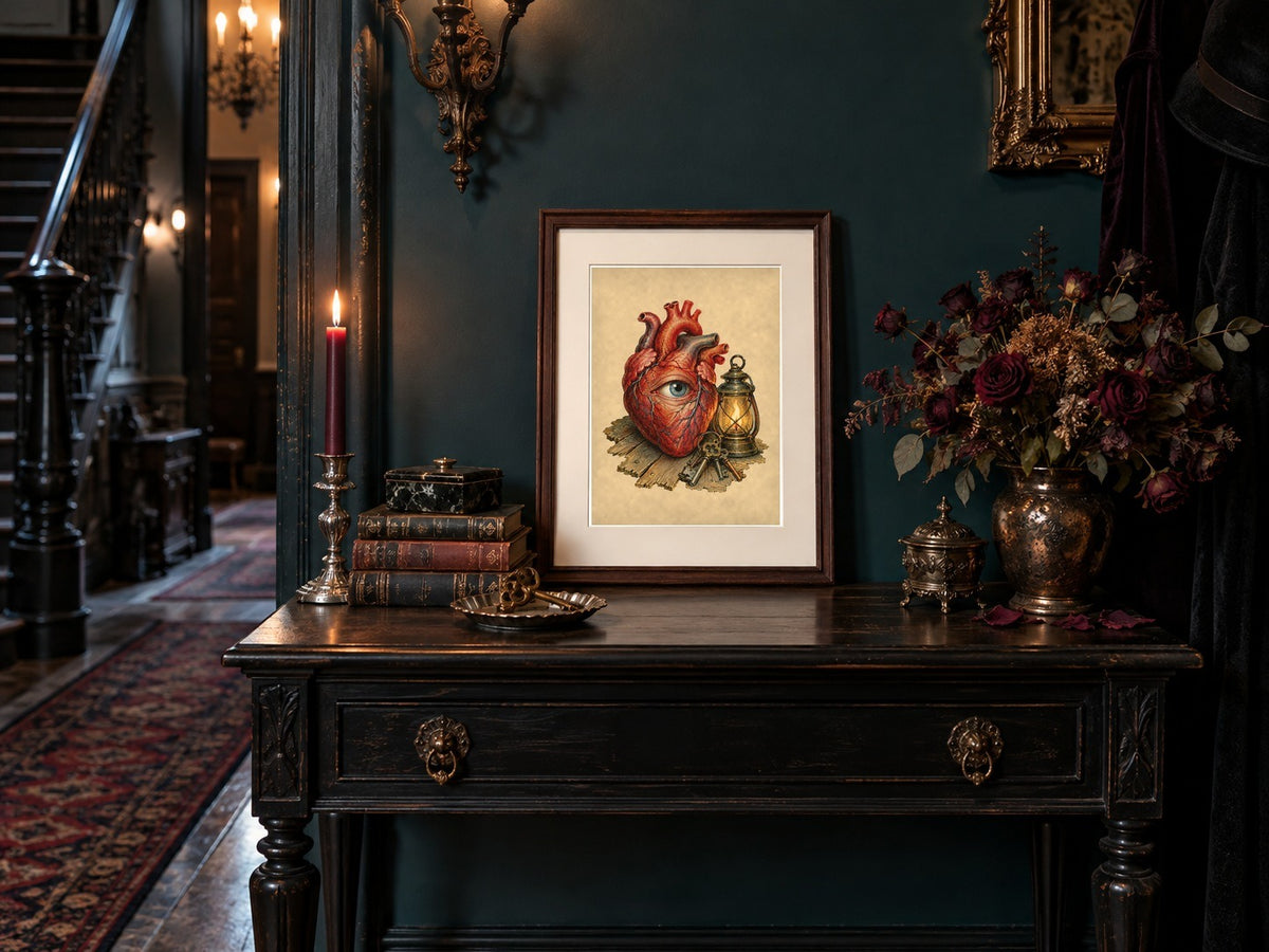 Tell-Tale Heart print framed on a gothic hallway console with roses