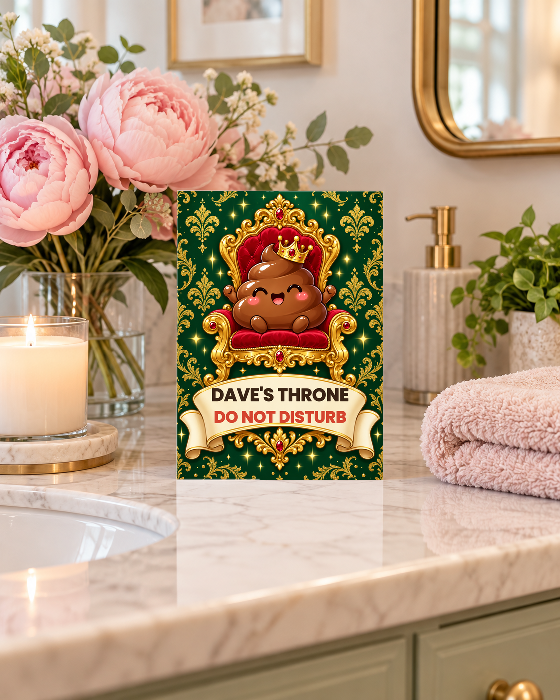 Dad's Throne card on a bathroom vanity with peonies