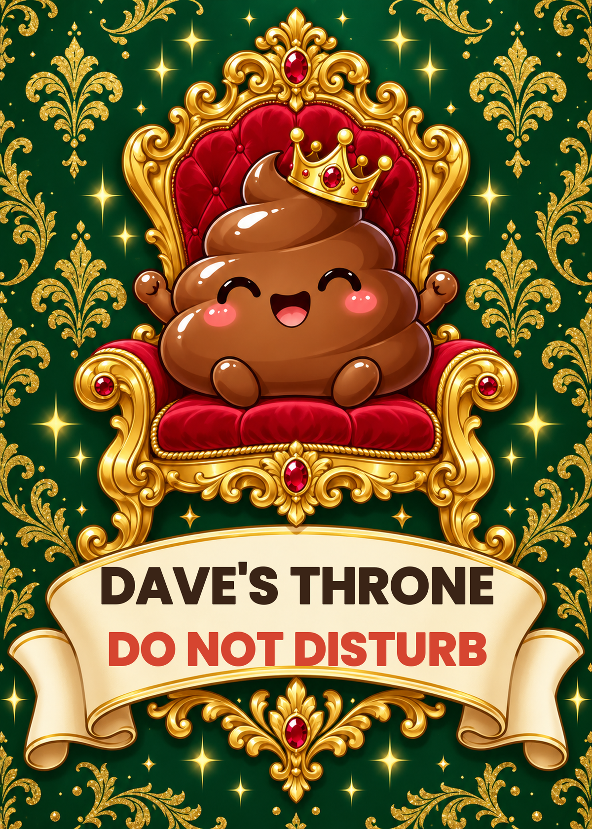 Dad's Throne funny Father's Day card with cute crowned poop king on a golden throne