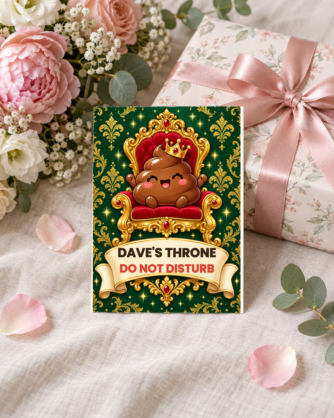 Dad's Throne card leaning on a wrapped gift