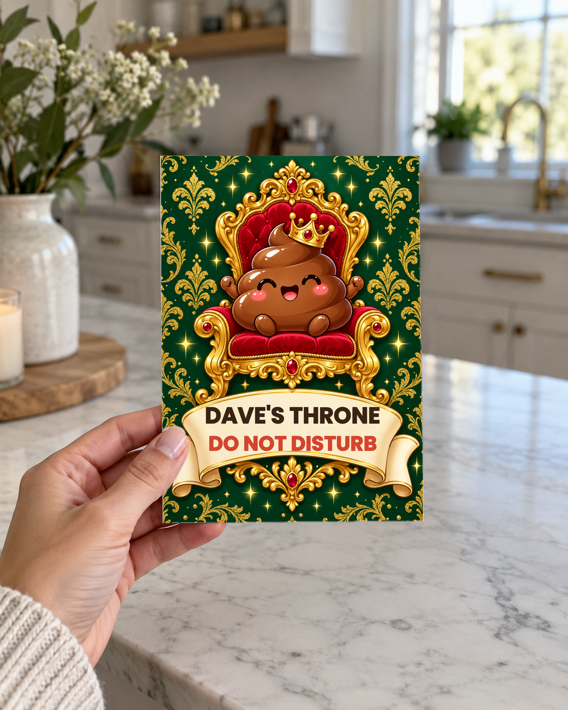 Hand holding the Dad's Throne card in a kitchen