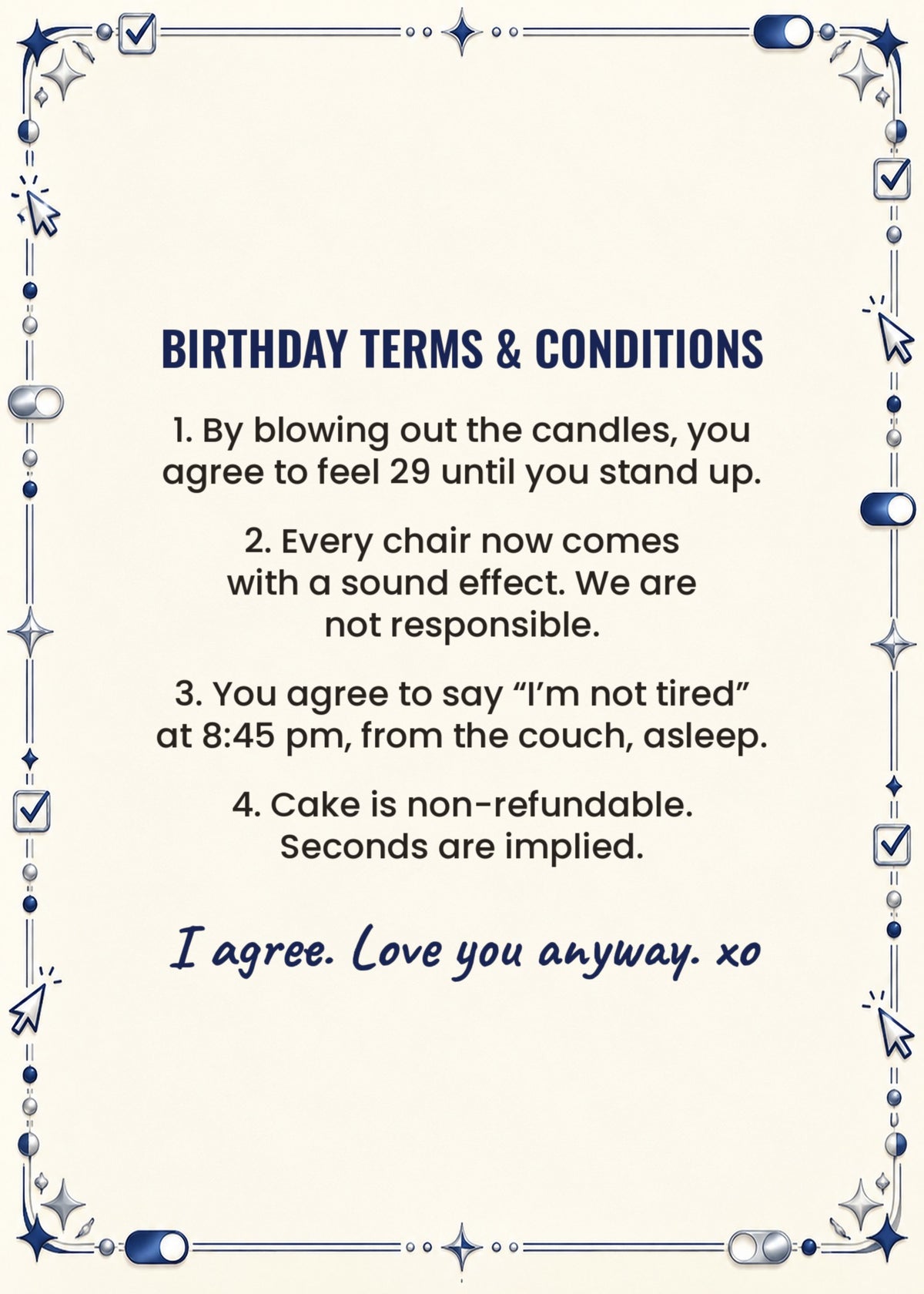 Card inside: Birthday Terms and Conditions with four funny clauses