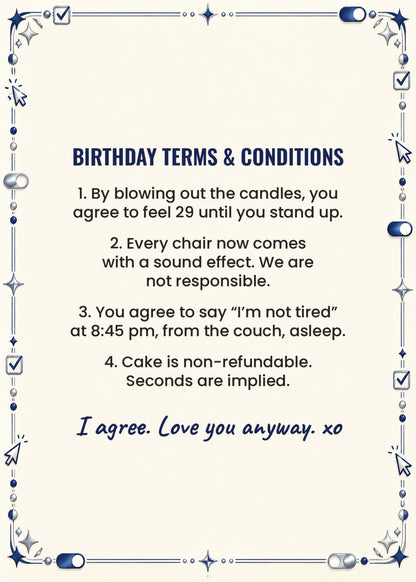 Card inside: Birthday Terms and Conditions with four funny clauses