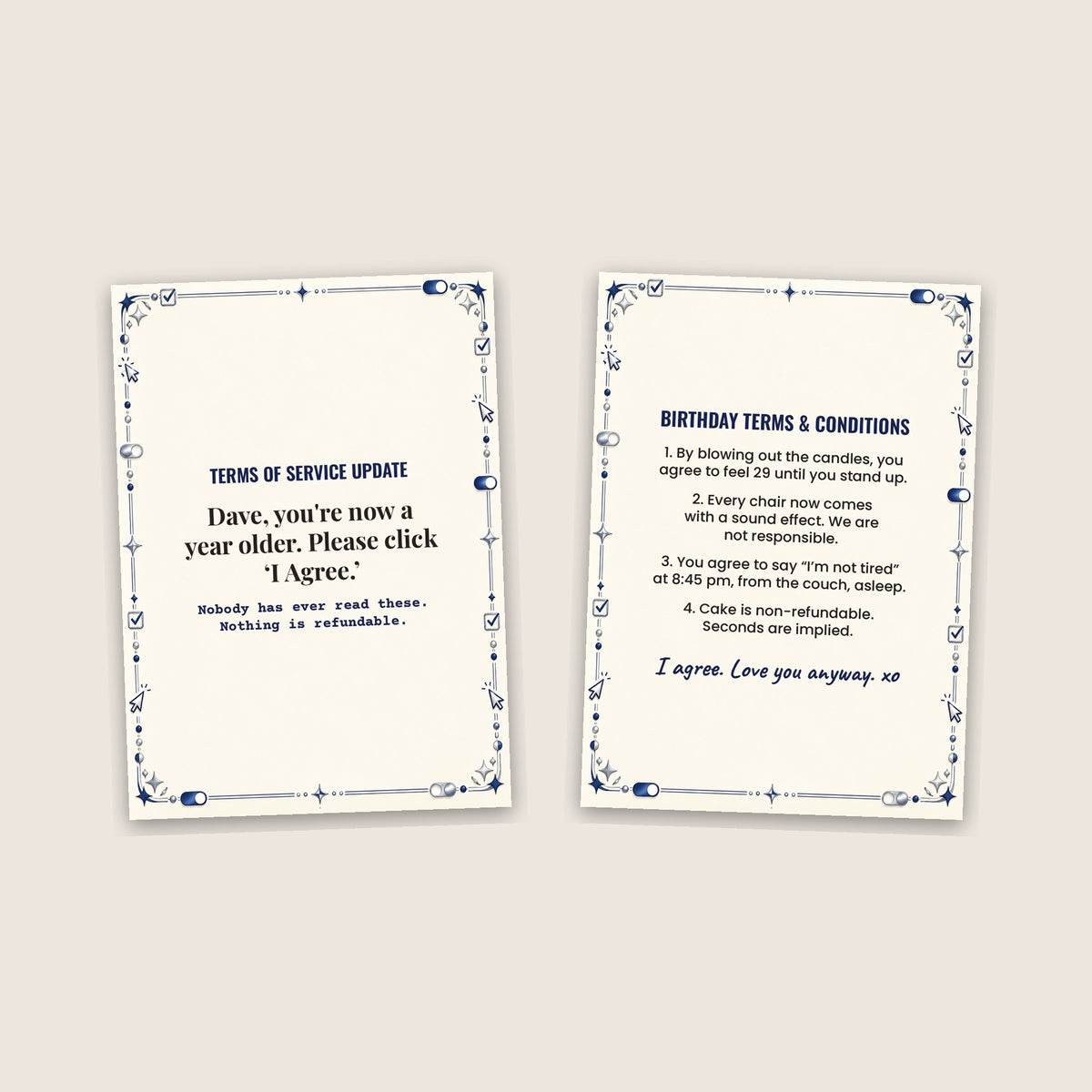 Cover and inside of the Terms of Service Update funny birthday card side by side