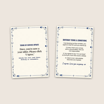 Cover and inside of the Terms of Service Update funny birthday card side by side