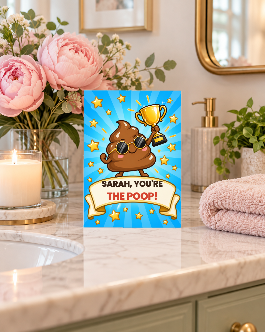 Funny trophy card on a pretty vanity with peonies