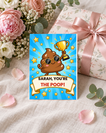 Congratulations card leaning on a wrapped gift